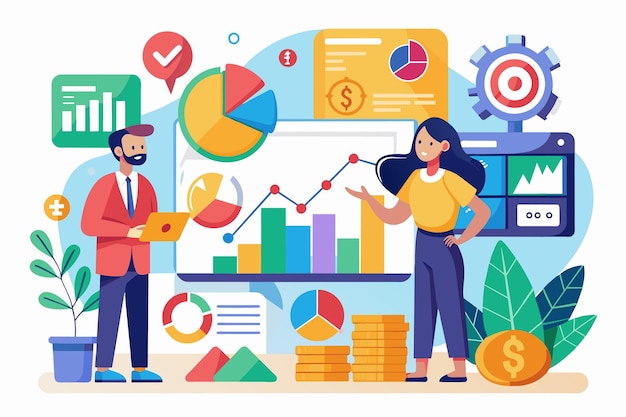 A colorful illustration showing two professionals analyzing market data with charts graphs and financial symbols Analyze market differences flat illustration