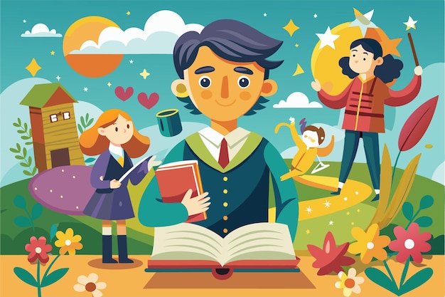 A colorful illustration shows a young man holding a book surrounded by imaginative friends in a garden Customizable cartoon illustrations for poetry