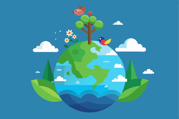 Colorful illustration of a small planet featuring a tree birds flowers and a vibrant sky above Tiny World using tree bird and sky