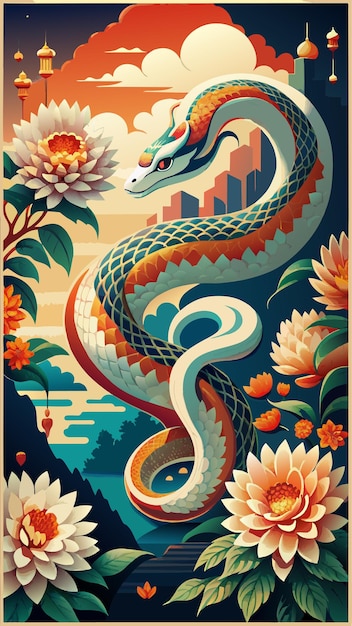 Vector a colorful illustration of a snake with flowers in the background