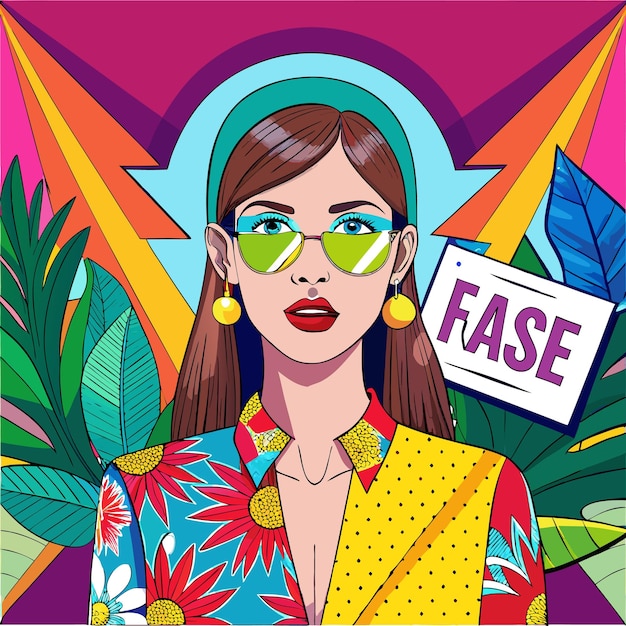 Vector colorful illustration of a stylish woman surrounded by tropical elements