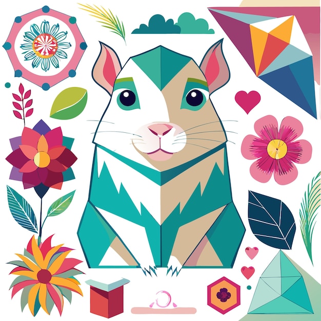 Vector colorful illustration of a stylized guinea pig surrounded by plants