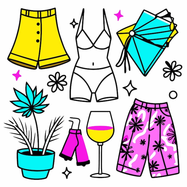 Vector colorful illustration of summer essentials with shorts swimwear drinks and a plant