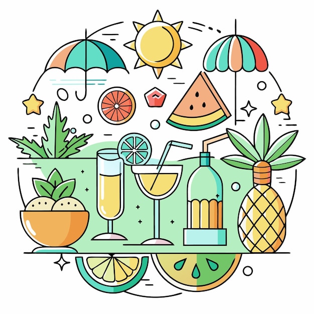 Vector colorful illustration of summer fun with drinks fruit and sunshine