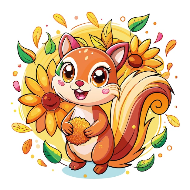 Colorful illustration of Sweet Squirrel with sunflower