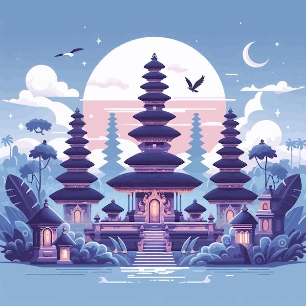 Vector a colorful illustration of a temple with a sunset in the background