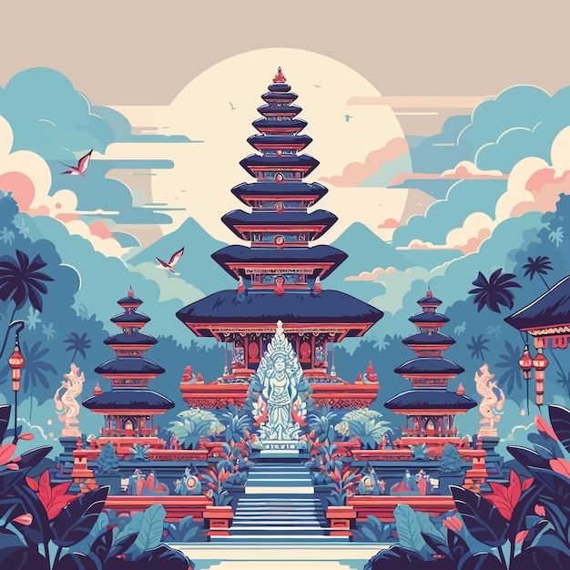 Vector a colorful illustration of a temple with a tree and a building in the background