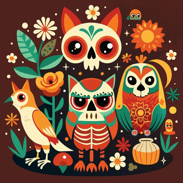 Vector colorful illustration of three owls with sugar skulls and flowers