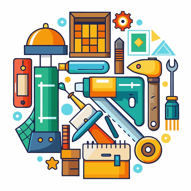 Colorful Illustration of Tools and Construction Items for Home Improvement and Repair