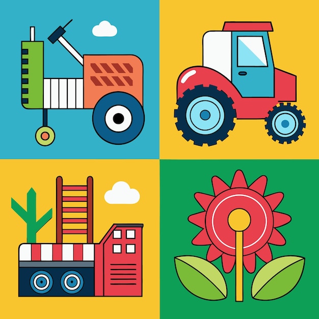 A colorful illustration of a tractor a farm machine a building and a flower all in a simple flat style