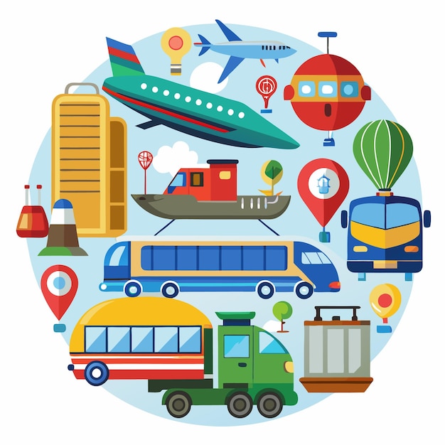 Colorful illustration of transportation methods including planes hot air balloons and busses