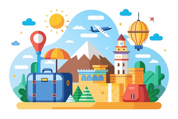 Vector colorful illustration of a travel destination with luggage and landmarks