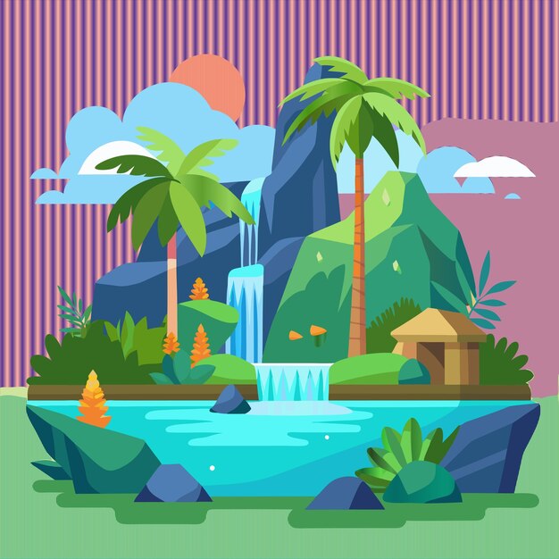 Vector a colorful illustration of a tropical landscape with a pond and a small house in the background