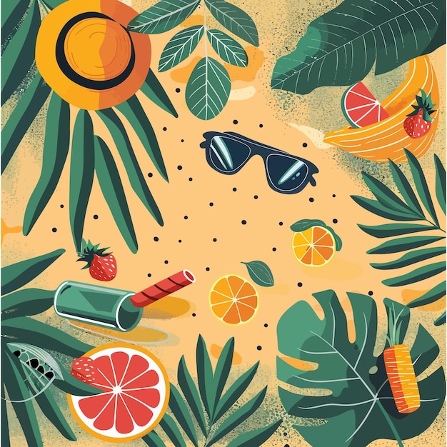 a colorful illustration of a tropical scene with sunglasses and a sun and a picture of a tropical scene