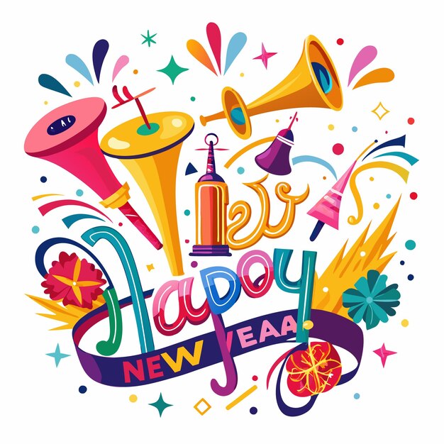 Vector colorful illustration of trumpets a bell and the words quothappy new yearquot in a festive celebratory design