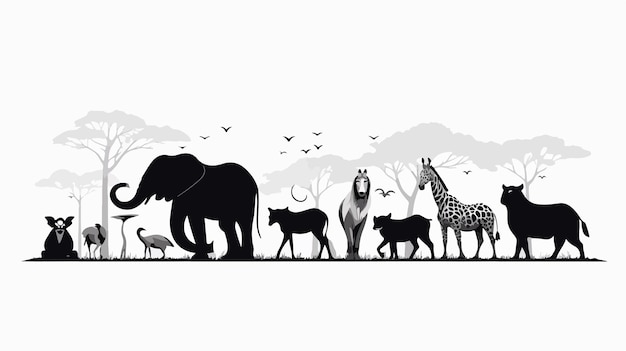 Vector colorful illustration of various animals in lush jungle safari