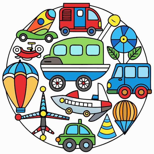 Vector colorful illustration of various cartoon vehicles arranged in a circle