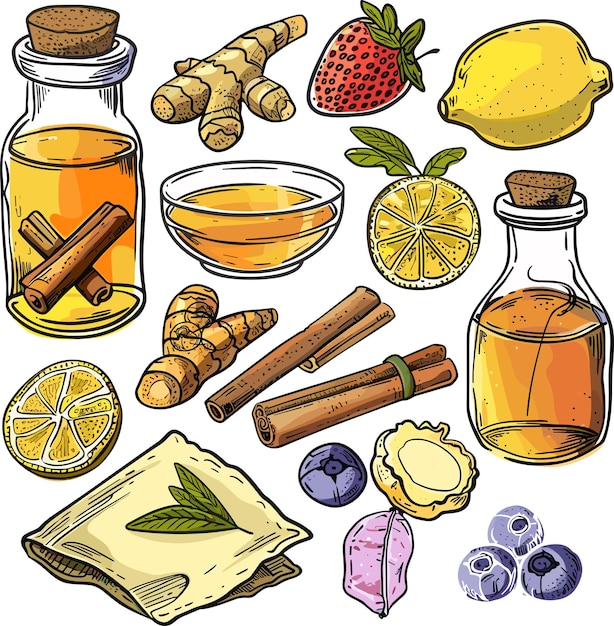 Vector colorful illustration of various food items and condiments likely used for cooking or flavoring