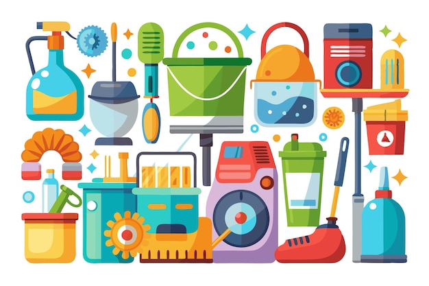 Vector a colorful illustration of various household cleaning supplies and equipment