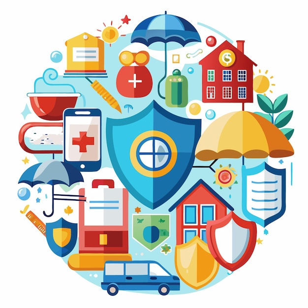 Colorful illustration of various insurance concepts including houses cars health and financial security