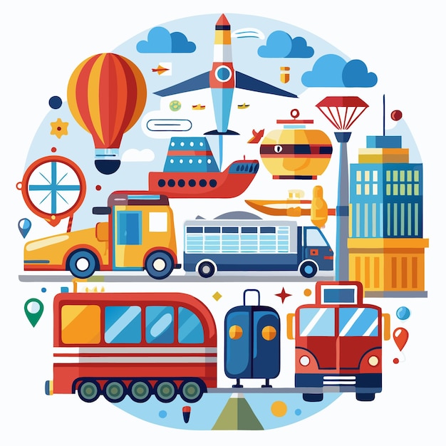 Colorful illustration of various modes of transportation including a hot air balloon rocket plane ship bus and car