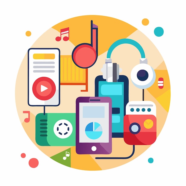 Vector colorful illustration of various music devices and technology