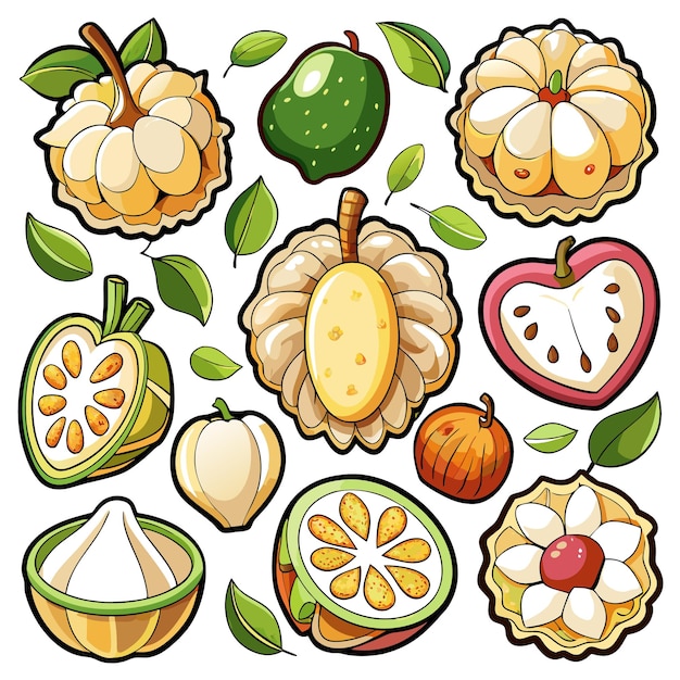 A colorful illustration of various tropical fruits and desserts