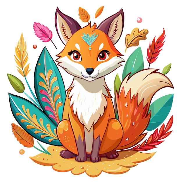 Colorful illustration of Whimsical Fox with feathers