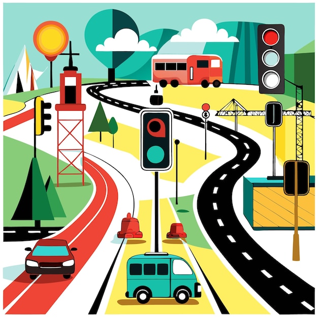 Vector colorful illustration of a winding road with traffic lights cars and a bus