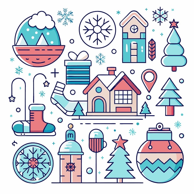 A colorful illustration of winter and Christmas icons