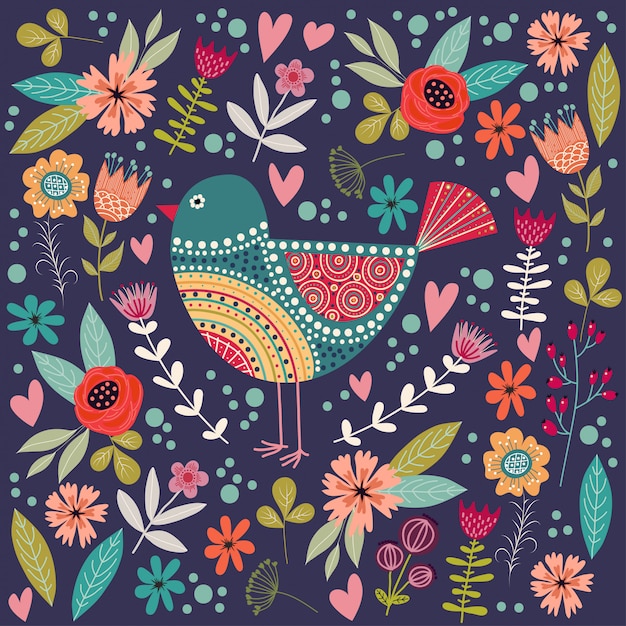  colorful illustration with beautiful abstract folk bird and flowers.