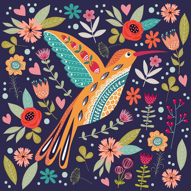  colorful illustration with beautiful abstract folk bird and flowers.