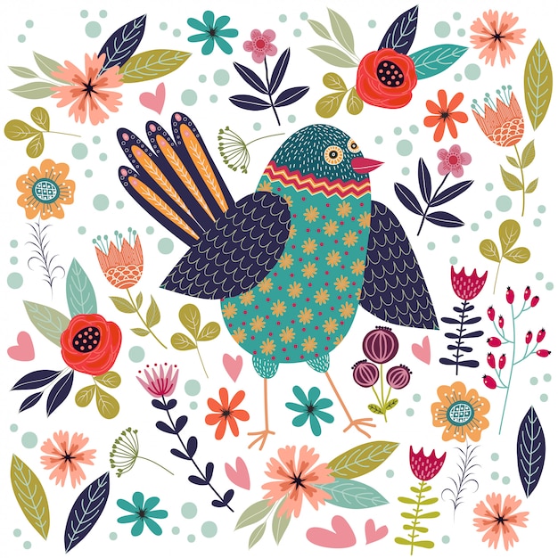  colorful illustration with beautiful abstract folk bird and flowers.