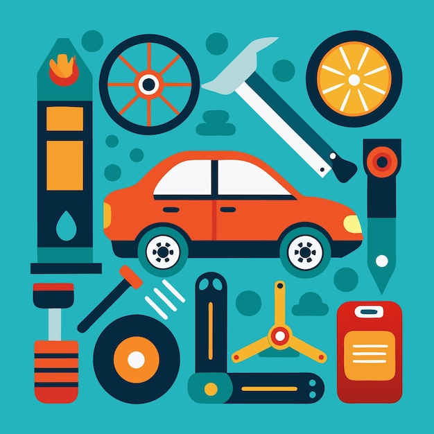 Colorful illustration with a car gas station tools and wheels