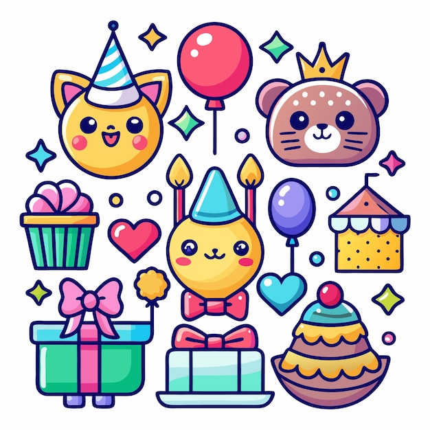 Vector colorful illustration with cute animal characters wearing party hats surrounded by birthday elements like balloons cakes gifts and stars