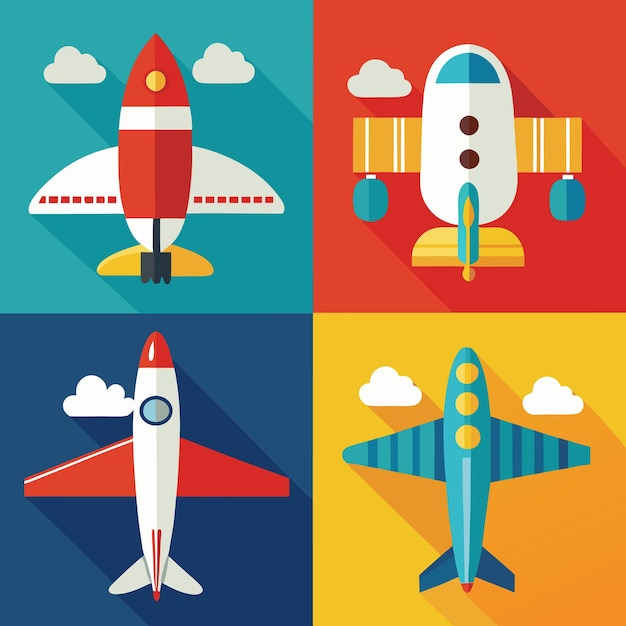 Vector a colorful illustration with four airplanes two of them are in a rocket shape each airplane has a long shadow and a single cloud the background is divided into four colored squares