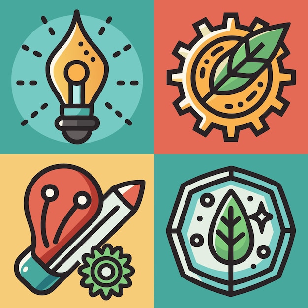 Vector a colorful illustration with four icons a light bulb with rays a cogwheel with a leaf a pencil and a light bulb and a hexagon with a leaf and a star