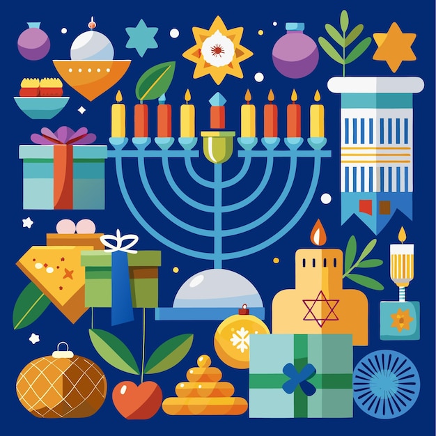 Colorful illustration with gifts candles and other festive decorations