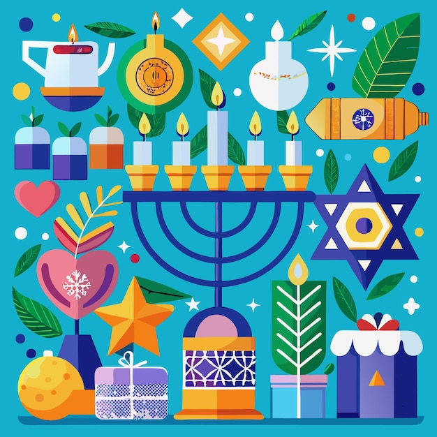 Vector colorful illustration with menorah candles gifts and other holiday symbols