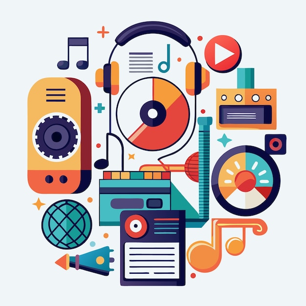 Colorful illustration with music elements including a record player headphones and a microphone