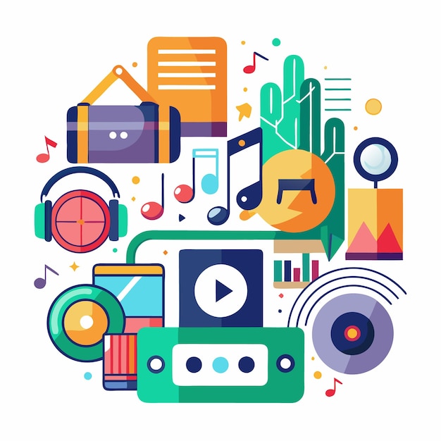 Colorful illustration with music elements like cassette vinyl record headphones notes and a play button