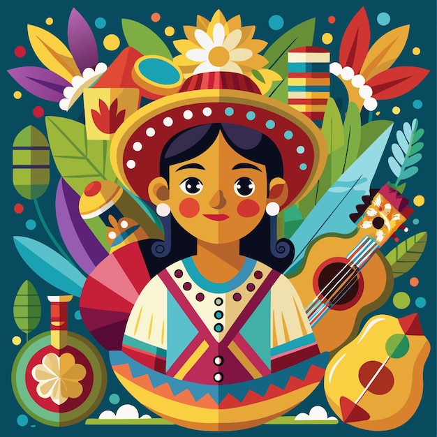 Vector a colorful illustration of a young woman in a traditional folk costume surrounded by musical instruments flowers and leaves