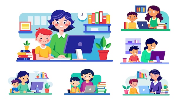 Colorful illustrations of remote learning and home office with parents and children