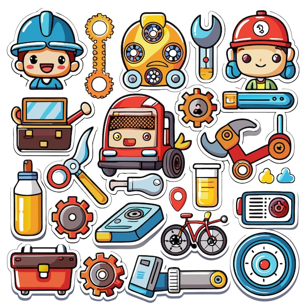 Colorful illustrations of tools machinery and workers in a playful style