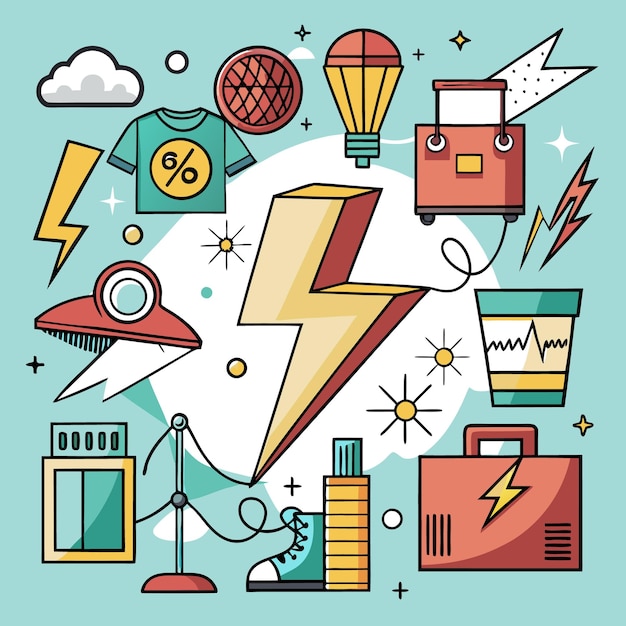 Vector colorful illustrations of various objects and symbols related to energy