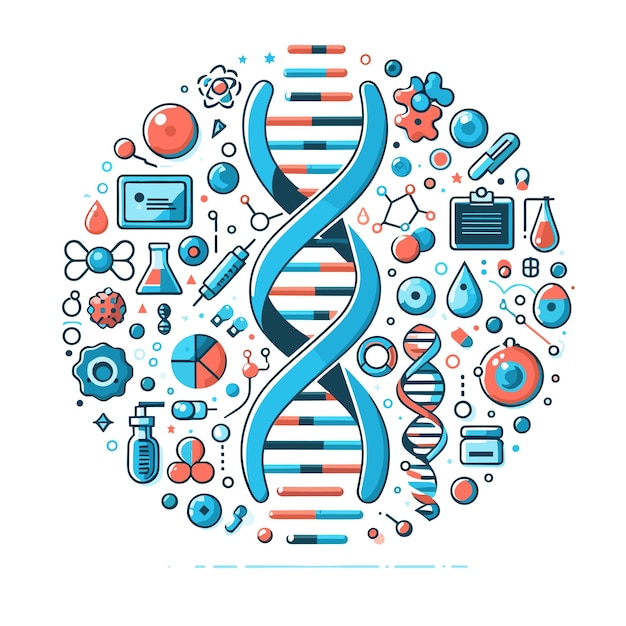 Vector a colorful image of a dna strand with various scientific symbols