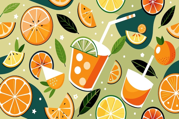 A colorful image of fruit and drinks including oranges limes