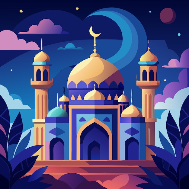 Vector a colorful image of a mosque with a blue sky and the moon in the background