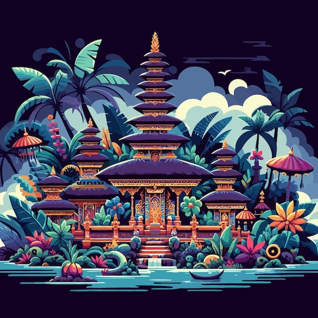 Vector a colorful image of a temple with palm trees and a place called a temple