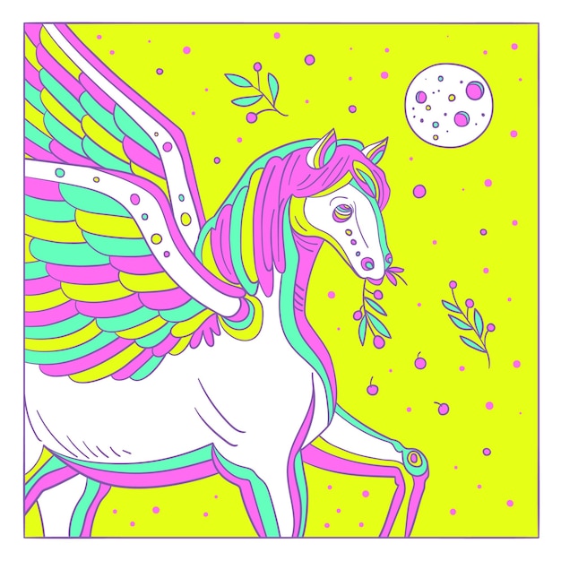 Vector a colorful image of a white pegasus with a yellow background with a star in the middle